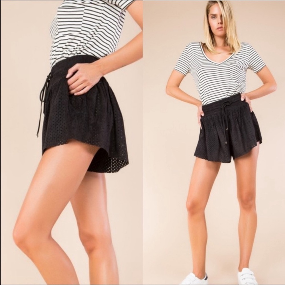 POL Black Faux Suede Laser Cut Eyelet Drawstring Black Shorts NEW Size M and L